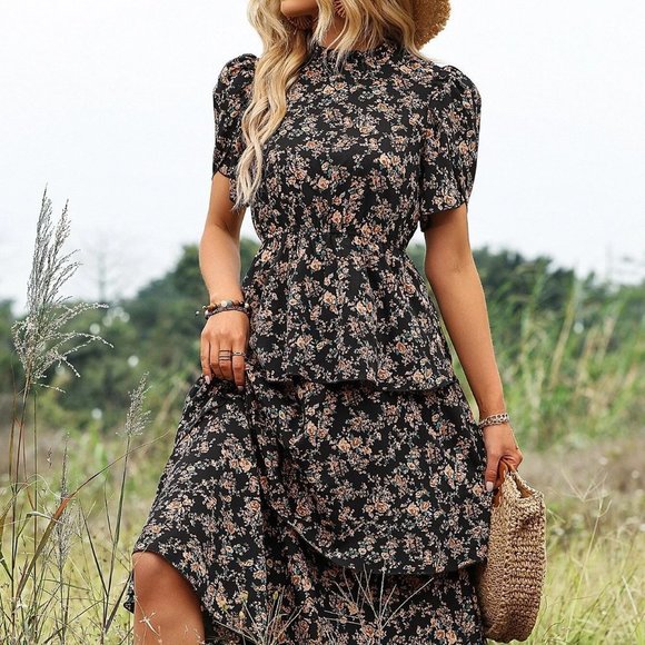Boho Ditsy Floral Print Petal Sleeve Layered Hem Dress - Picture 4 of 5